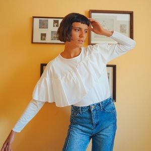 Ruffle Detail White Long Sleeve Blouse Zara M